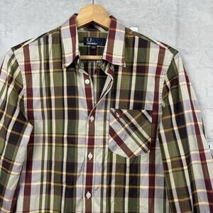 Fred Perry Plaid Button-Up Shirt Sz S Olive Burgundy Mod Style Long Sleeve New